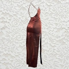vintage orange metallic beaded evening maxi dress with open back and side slit