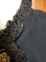 1940s LADIES BLACK WOOL SWING COAT W/CURLY PERSIAN LAMB & HOLLYWOOD DRAPE STRAPS