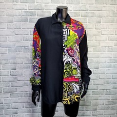 Vintage Clover California Blouse M Black Baroque Print 80s 90s Art to Wear Boho