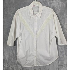Vtg Jess Shirt Womens 20W White Western Lace Yoke Fringe Trim Half Sleeve Retro