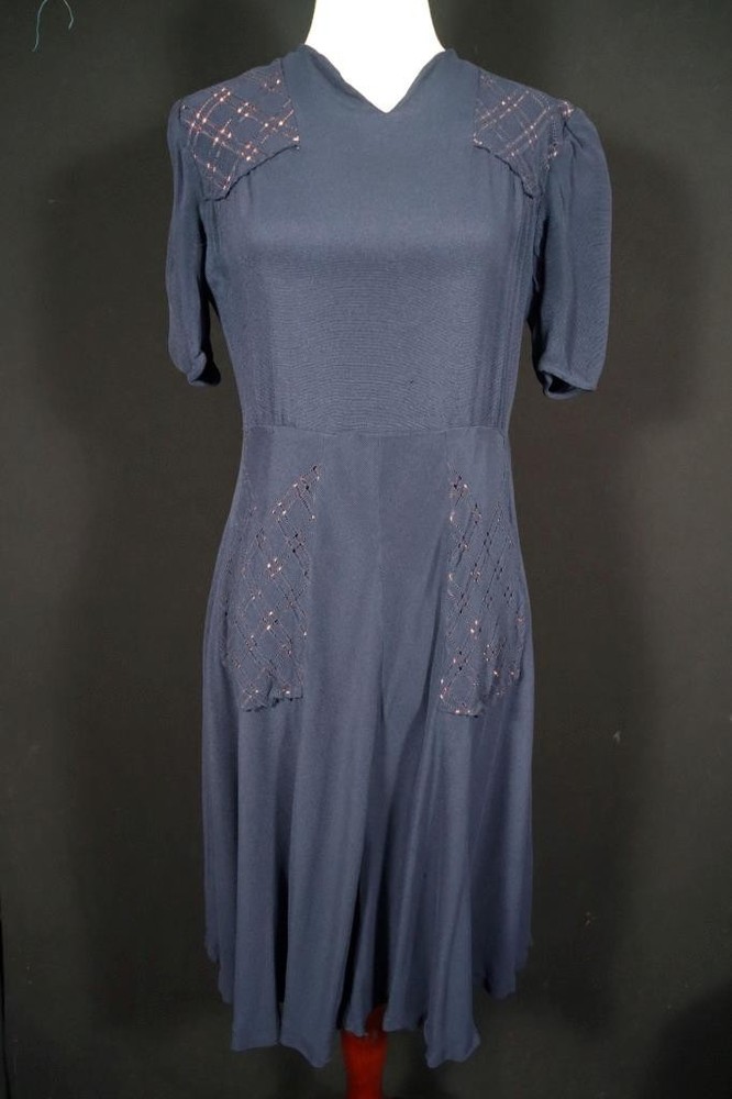 Exceptional Vintage 1940’s WWII Era French Blue Rayon Crepe Dress Size 10-12