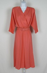 VTG 1970s 80s ITEMS CALIFORNIA DRESS & BELT CORAL COLOR RAYON FLAX FABRIC BELT