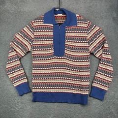 Vintage Men’s 100% Acrylic Fair Isle 1/4 Zip Sweater Blue Red Pattern Size L