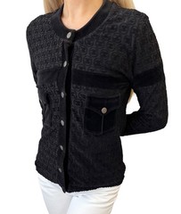 CHANEL Vintage P41364 CC Logo Button Velour Knit Cardigan Jacket #34 Black