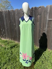 Vtg 70’s Handmade Poly Blend Volup Maxi Dress Green Checkered Floral Applique