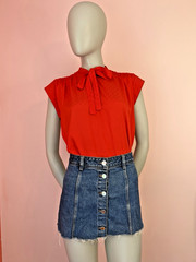 Vintage 80s Red Swiss Dot Bow Blouse Paris Chic Office Siren classic Top S M L
