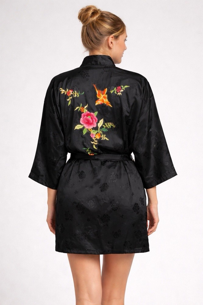 Vintage Golden Bee Black Embroidered Bird And Floral Kimono Satin Robe Large NWT