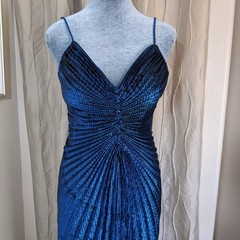 Vintage 80s Metallic Blue Pleated Disco Party Dress S/M Travilla-Style Accordion