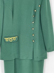 Vtg Leslie Fay Women Size 10P Dress Suit Green Gold Trim Made in USA Jersey Feel