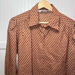 Lady Manhattan Vtg Blouse Twee Brown Polka Dot Button Up Long Sleeve Deadstock