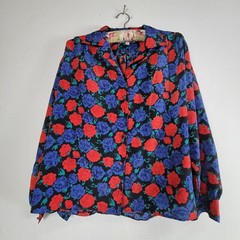 Vintage Oscar Dela Renta Expressions Floral Blouse 12 Black Multi Long Sleeve