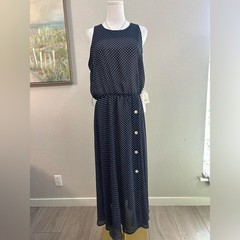 Vintage Navy Polka Dot Sheer Maxi Dress Button Detail Sleeveless – Size 14