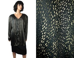 Shiny 80s Blouse 22W 2X Black Metallic Gold Dotted Stretchy Long Dress Shirt