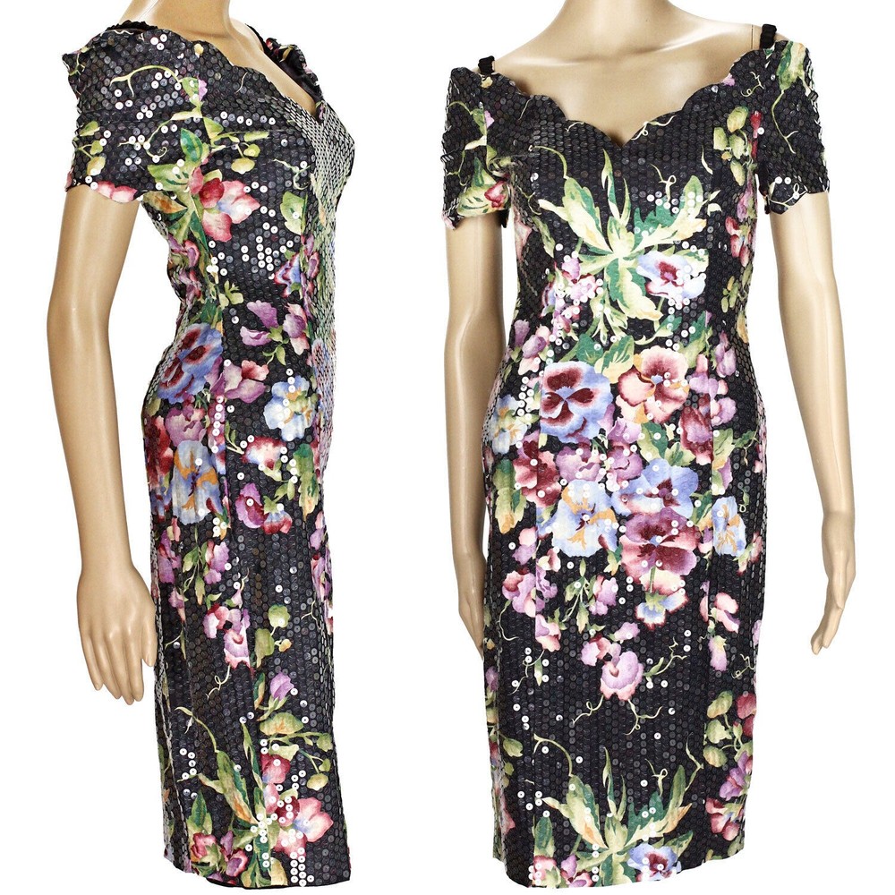 1980s 90s Vintage Expo Dress Black Floral Wet Look Sequin Party Evening Prom 4