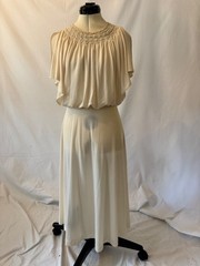 Vintage 1970s Sleeveless White Maxi Dress w Crotchet Neckline & Ruffle Bodice