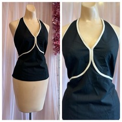 Vintage 90s Y2K Halter Top Black White Stretchy 2000s Minimalist Open Back L/XL