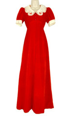 Vintage 1970s red velvet maxi dress XS short puffed sleeves white lace collar