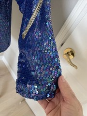 80’s Judith Ann Creations Blouse Top Sz M Silk Sequins Beads Blue Art to Wear