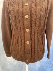 Vintage 1970s Women’s Brown Knit Cabled Acrylic Button Down Cardigan House Coat