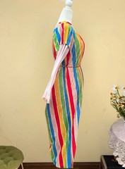 Vtg 60s Mod Dress Rainbow Terry Cloth Hostess Dress Plush Towel Maxi Patio Gown
