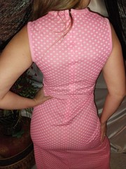 VTG PINK 70S RETRO MOD POLKA DOTS BELT MAXI DRESS SLEEVELESS 40 PIN UP