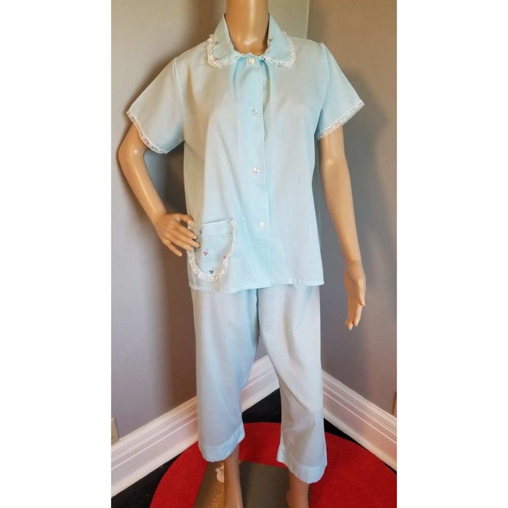 60s Katz Baby Blue Pajama Set Lace Trim Floral Sleepwear – M