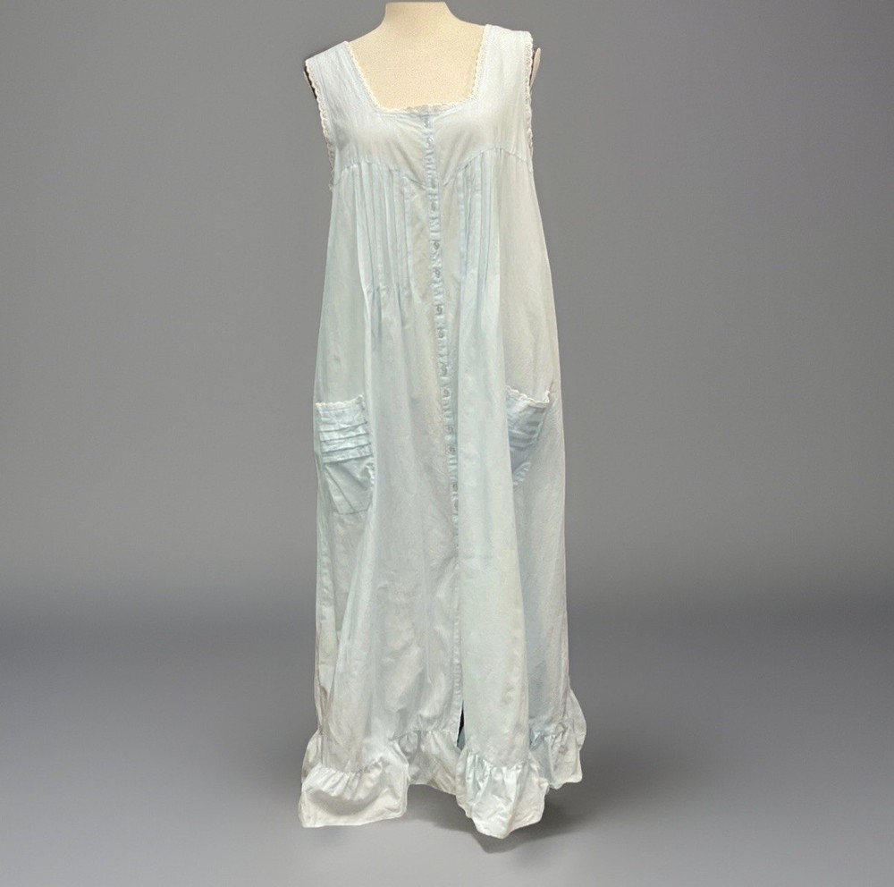 VTG Lewis Frimel Blue Cotton Nightgown M Lace Buttons Pintuck Maxi Cottage Core