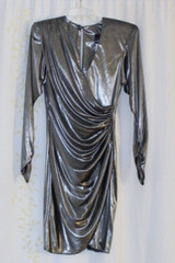 Vtg 80s Climax Karen Okada Silver Shimmer Ruched Waist Evening Dress Womens XS/S