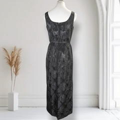 Vintage 1960s Black Floral Jacquard Evening Gown Maxi Dress Wiggle Formal 6