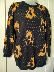 Vintage 80s Gold Teddy Bear Rhinestones All Over Novelty Print Black Sweater L