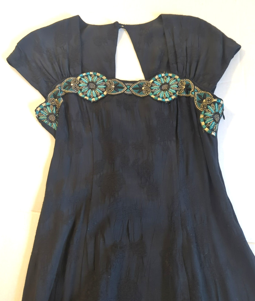 Vtg Carole Little Black Dress 6P Art Deco Coset Back Gold Turq Embroidery Boho