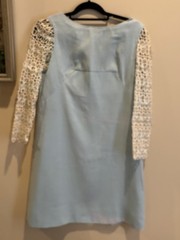 Vintage Late 1960s Baby Blue Shift Dress w/ Ivory Macramé/Crochet Sleeves