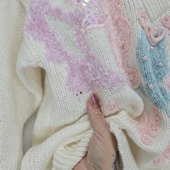 VTG 1980s Sheseido Pastel Sweater M White Blue Pink Lurex Chenille Pearls Fairy