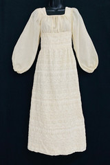 Vintage 1970s ivory embroidered maxi dress, long balloon sheer sleeve boho white