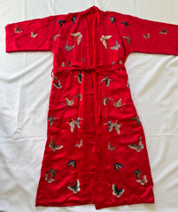 Vintage Chinese Embroidered Butterfly Satin Robe Kimono Gown Red One Size