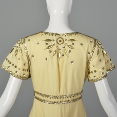 XXS Temperley Cream Dress Gold Silver Sequins Beading Leaf Applique Short Sleeve