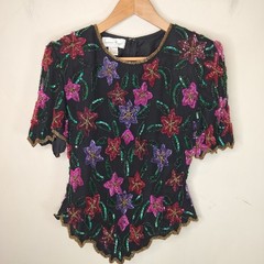 Laurence Kazar Silk Sequin Beaded Floral Top S/M Women’s Art Evening Statement