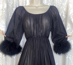VTG NWOT M GLAM Black JENELLE DB Sheer Chiffon Nylon Nightgown Negligee MARABOU
