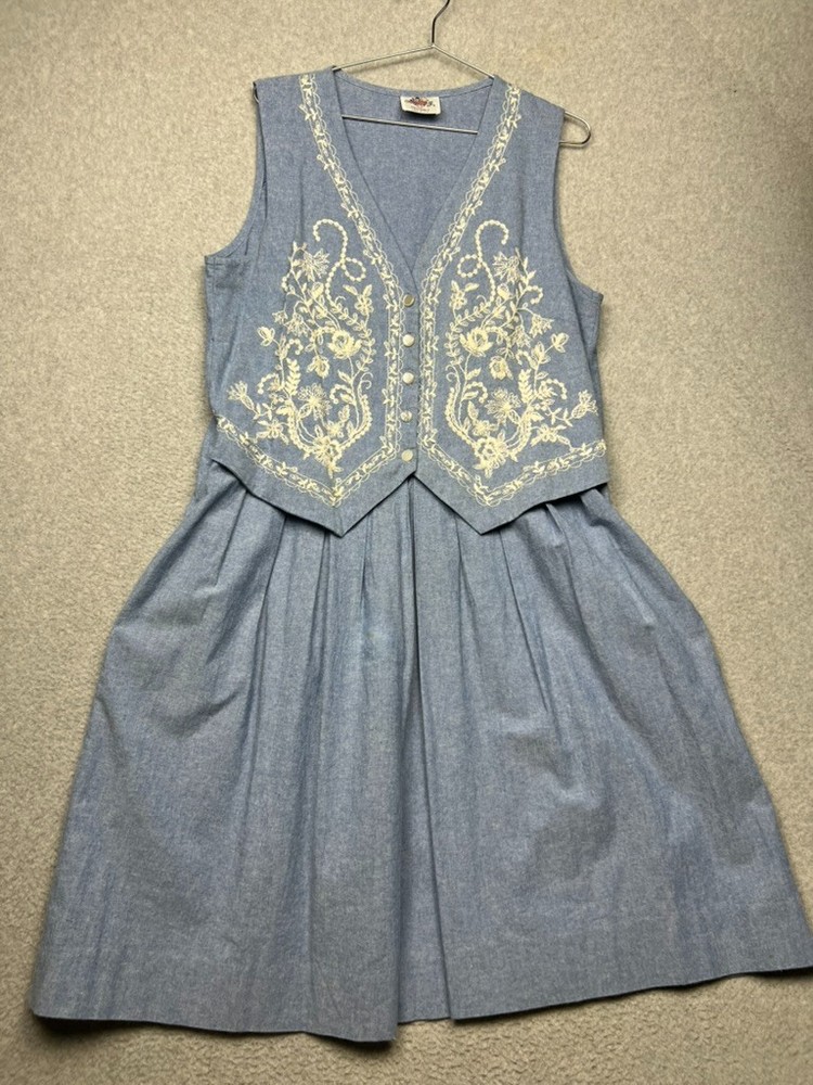 Vintage Lanz Originals Blue Chambray Midi Dress Vest Embroidery Cottagecore