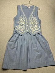Vintage Lanz Originals Blue Chambray Midi Dress Vest Embroidery Cottagecore