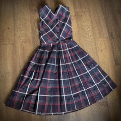 Vintage 1950s Black Red Tartan Plaid Dress Neck Tie Sleeveless Fit Flare XS