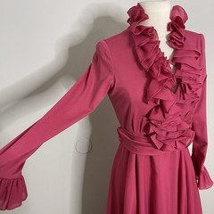 Vintage Victor Costa Pink Maxi Dress Size 10 Long Sleeve Formal Ruffle Sweeping