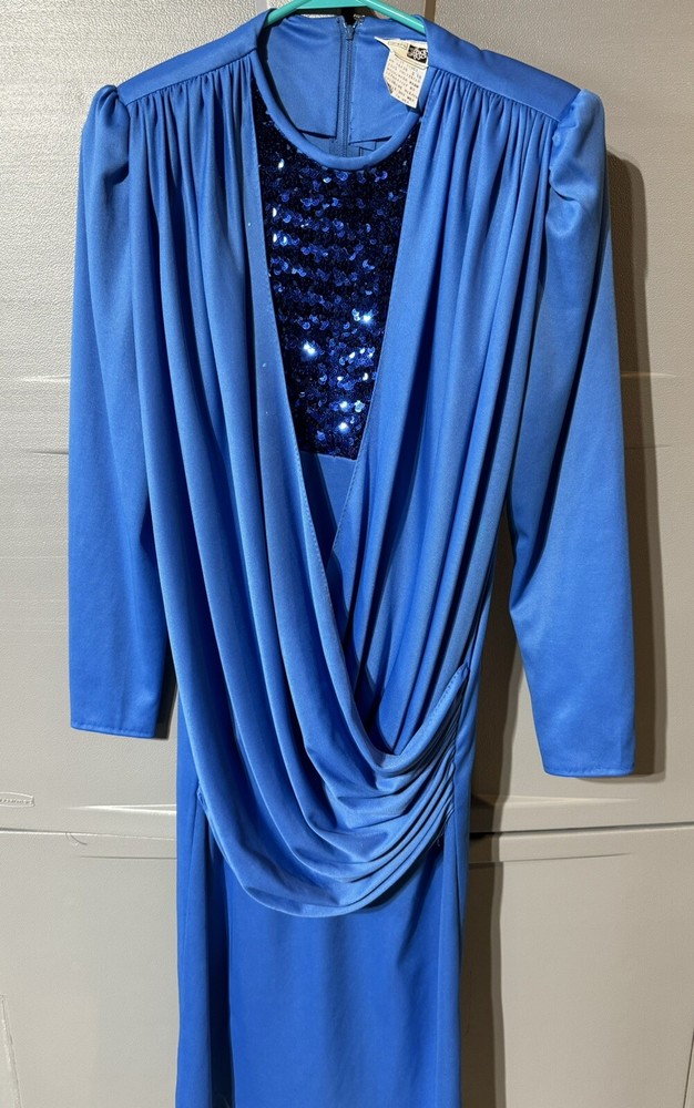 Vintage Women’s Sears The Fashion Place Blue Draped Party Dress Sequins Size 10