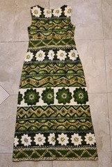 Vintage 70s Keone Hawaiian Barkcloth Midi Dress Green Floral Tiki Button Front