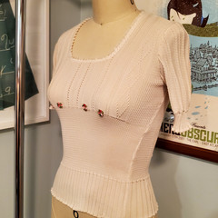 Nod to 1930s/40s Era Styling: Knitted Cream Color Sweater Blouse w/ Rosettes