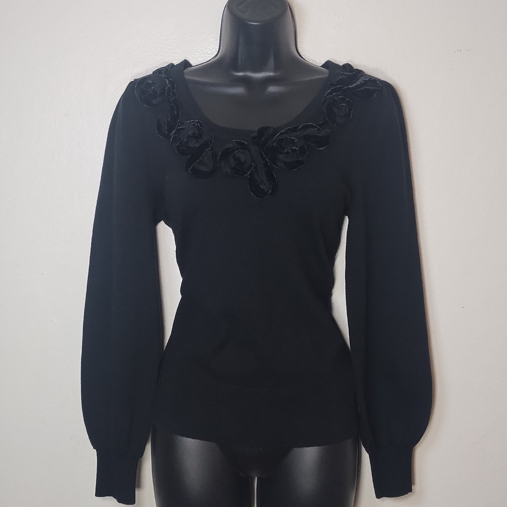 vintage 80s 90s velvet rosette balloon sleeve sweater sz m avant garde artsy