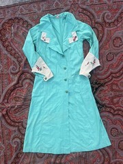 Vintage 1900s 1920 Dress House Coat Button Duster Teal Embroidery Art deco