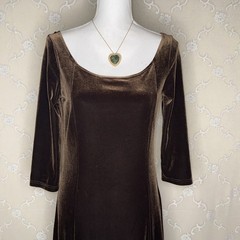 VTG Eddie Bauer Brown Flat Stretch Velvet Long Shift Dress Size Medium 36 Bust