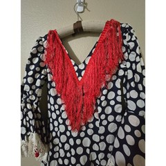 Traditional Vintage Spanish Flamenco Dress Navy Polka Dot Fringe Ruffle size XS