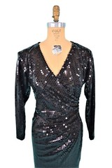 Vintage Black Sequin Dress 80s Surplice Cocktail W 27″